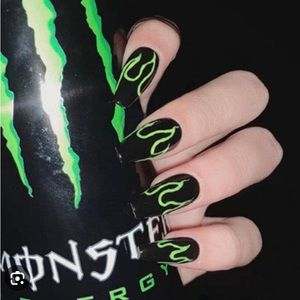 Green black flame press on nails